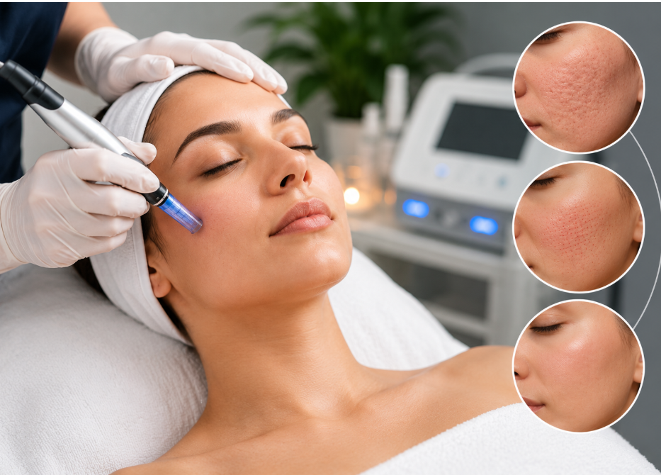Professional microneedling treatment showing acne scar improvement, smoother skin texture, and enlarged pore reduction with before and after results.