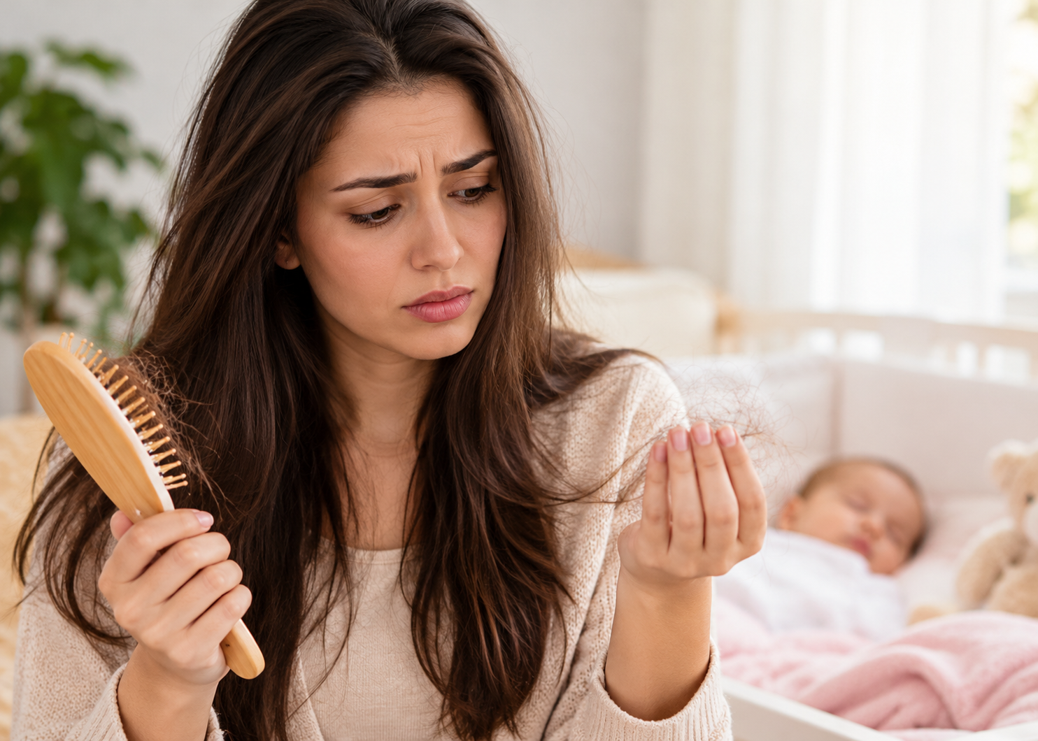 Postpartum hair loss as a new mother examines loose strands of hair while holding a brush beside her sleeping baby.
