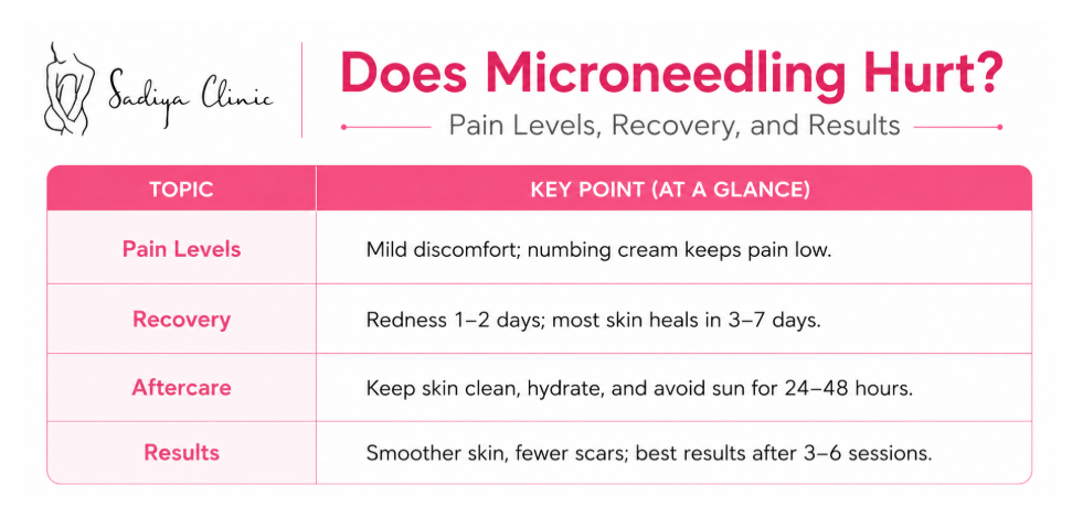 Infographic explaining microneedling pain levels, recovery time, aftercare tips, and expected results after treatment.