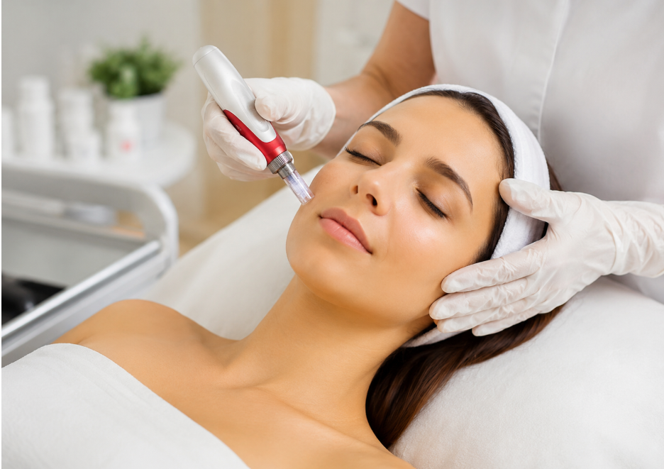 Microneedling treatment performed by a skincare professional to improve skin texture and promote a smoother complexion.