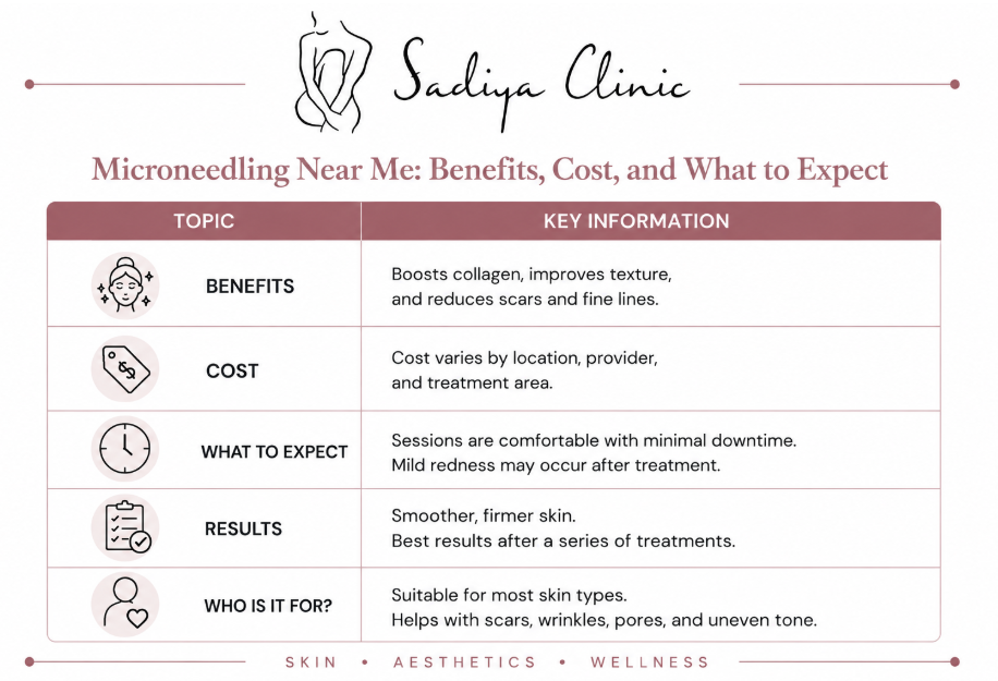 Microneedling infographic covering benefits, cost, what to expect, results, and ideal candidates.