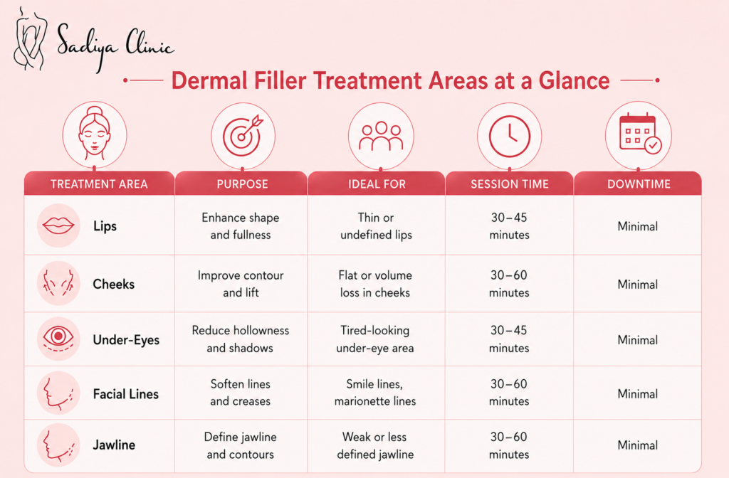 Dermal filler treatment areas at a glance
