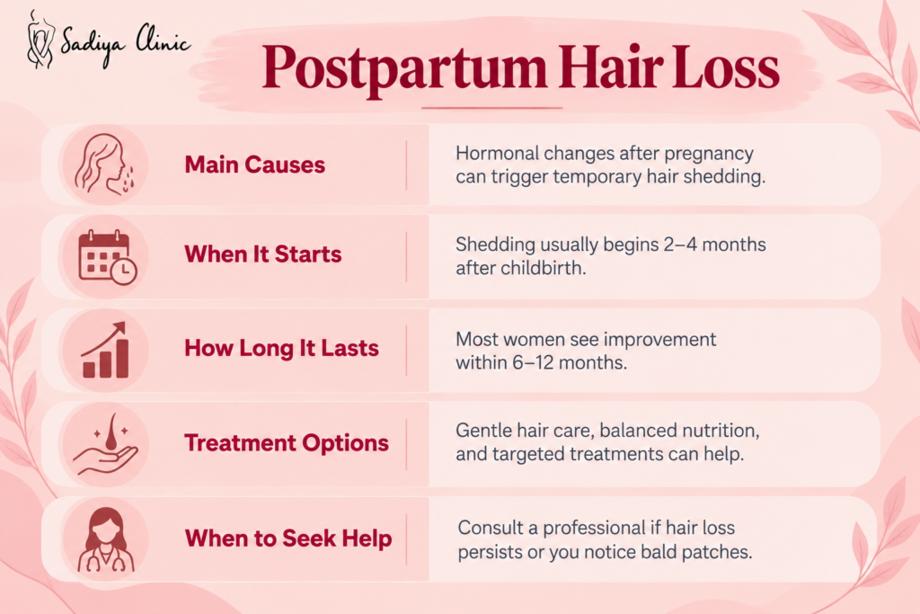 Postpartum hair loss causes, recovery timeline, treatment options, and signs requiring professional care.