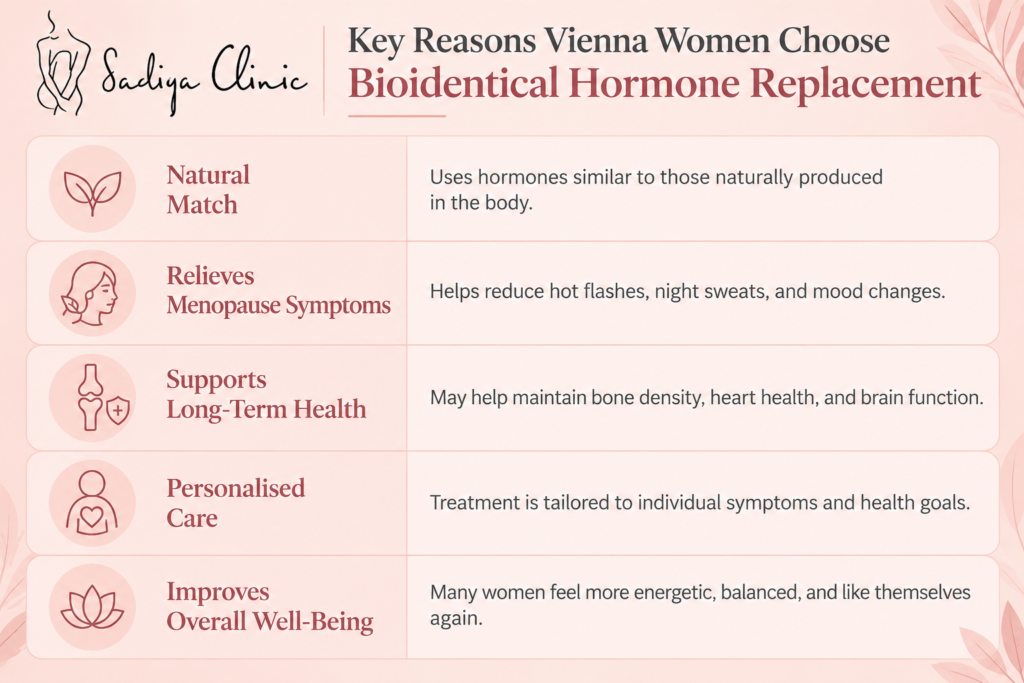 Five reasons women in Vienna choose bioidentical hormone replacement therapy, including menopause symptom relief, personalised treatment, and improved well-being.