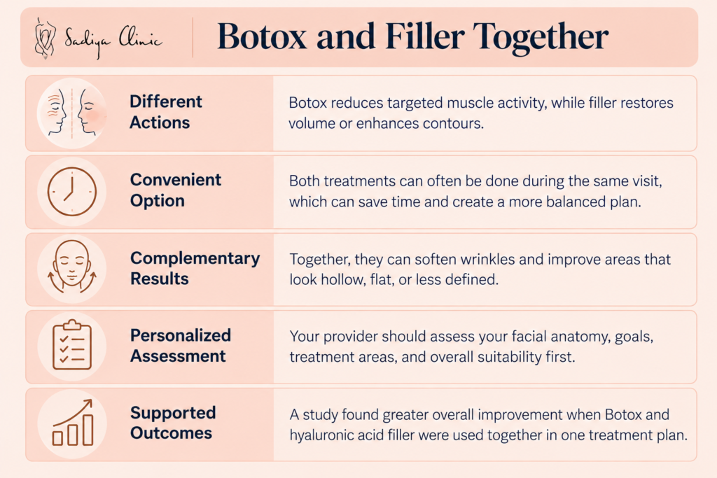 Botox and filler treatment comparison showing their complementary roles in facial rejuvenation and balanced results.