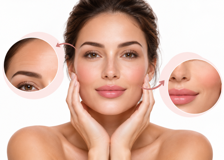 Woman with smooth facial features and highlighted areas representing combined Botox and dermal filler treatment.